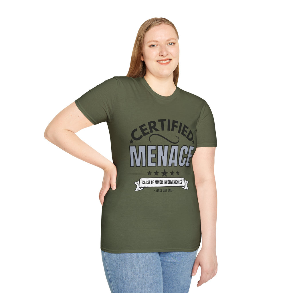 Certified Menace T-Shirt Black Writing — Funny Retro Badge Tee for Sarcastic Teens & Friends