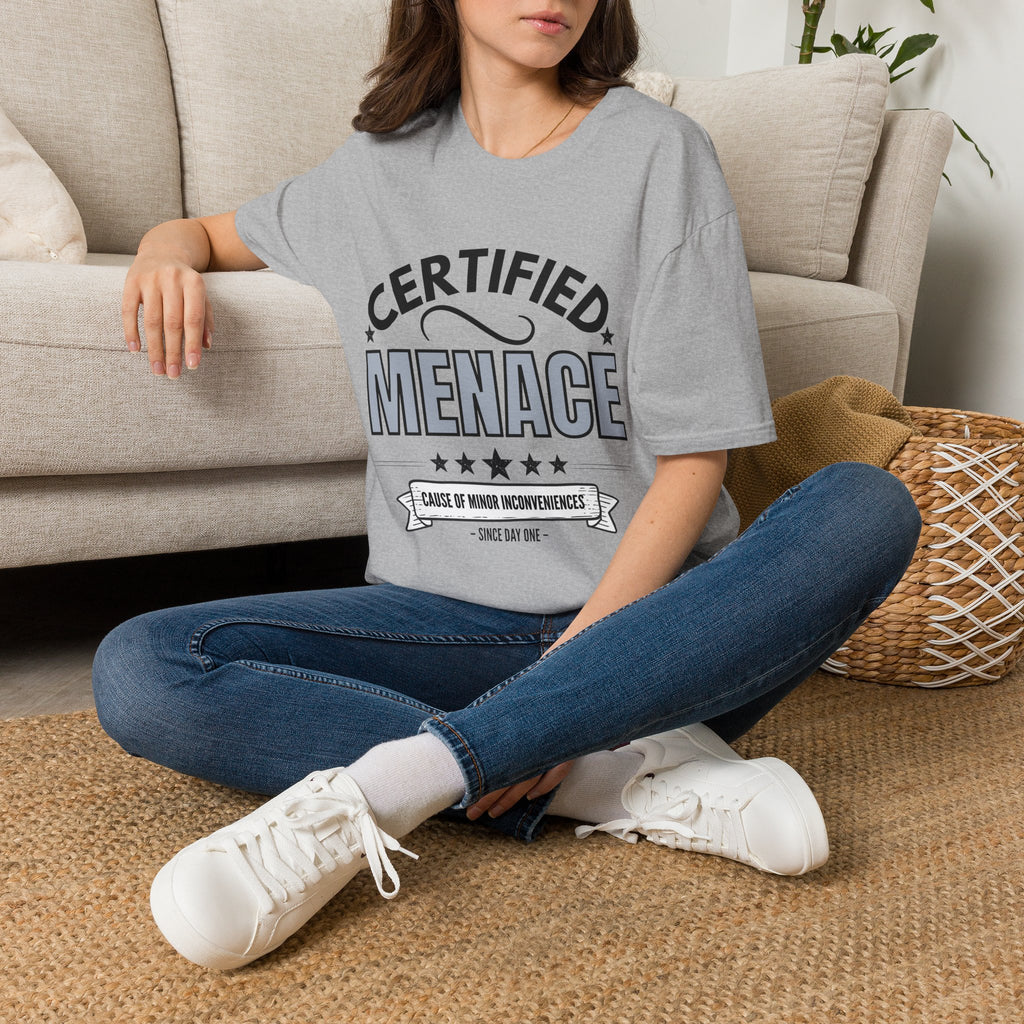 Certified Menace T-Shirt Black Writing — Funny Retro Badge Tee for Sarcastic Teens & Friends