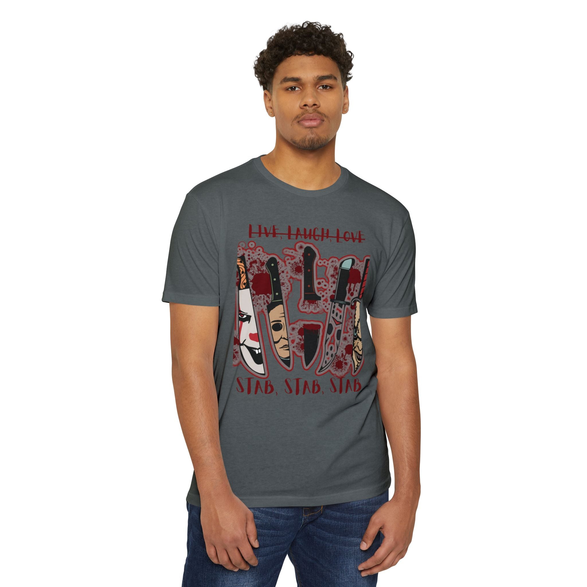 T‑Shirt — 'Live, Laugh, Love' Crossed Out with 'Stab, Stab, Stab' Graphic