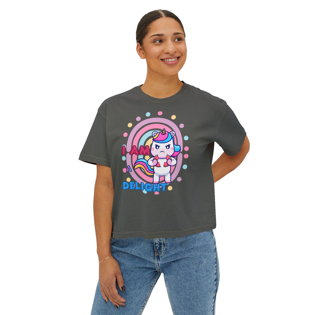 I Am Delight Unicorn Boxy Tee — Cute Rainbow Graphic Women’s Shirt