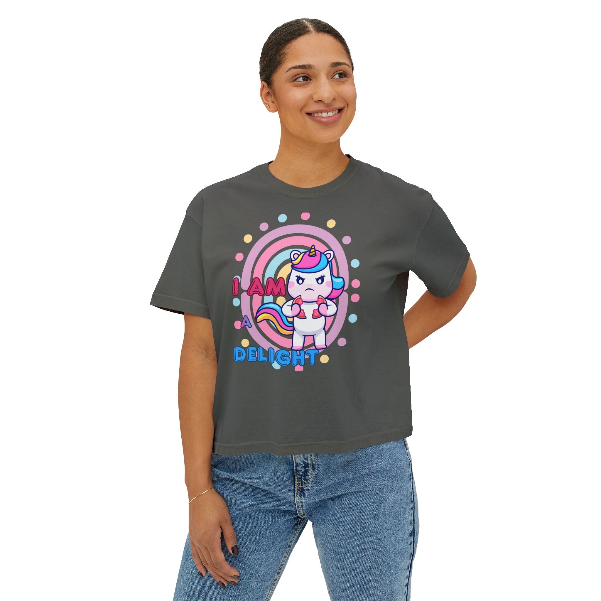I Am Delight Unicorn Boxy Tee — Cute Rainbow Graphic Women’s Shirt