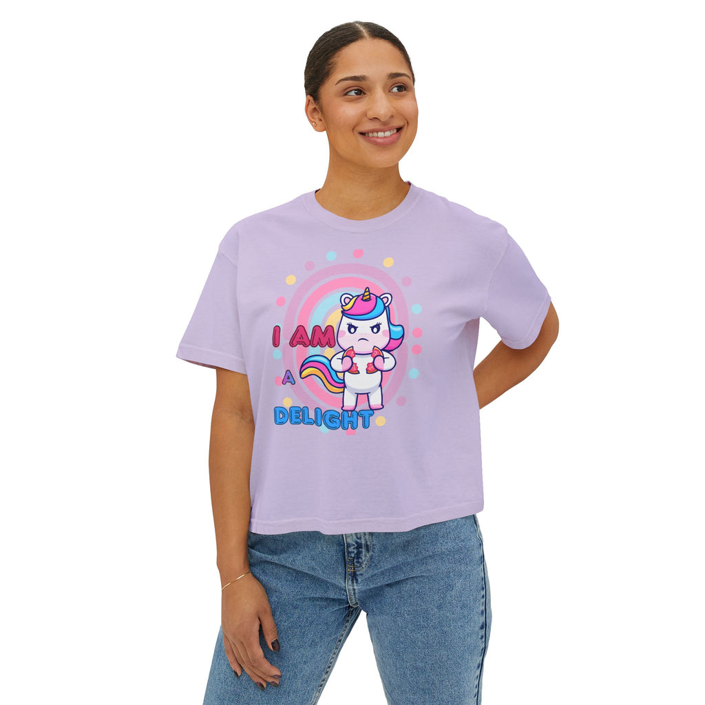 I Am Delight Unicorn Boxy Tee — Cute Rainbow Graphic Women’s Shirt