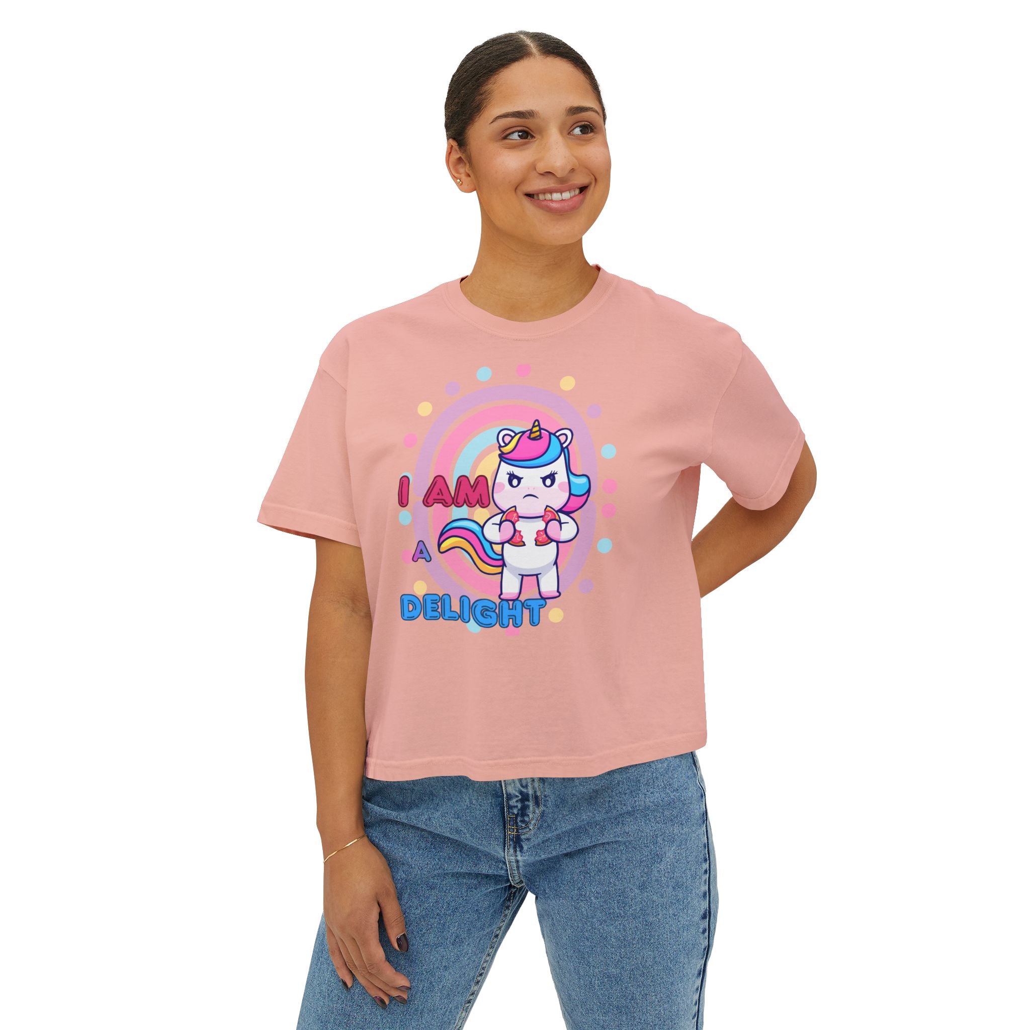 I Am Delight Unicorn Boxy Tee — Cute Rainbow Graphic Women’s Shirt