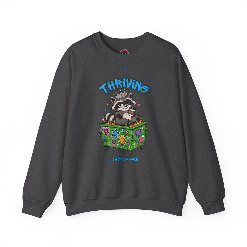 Thriving Raccoon Crewneck Sweatshirt — "Thriving" Cute Raccoon in Colorful Box Graphic