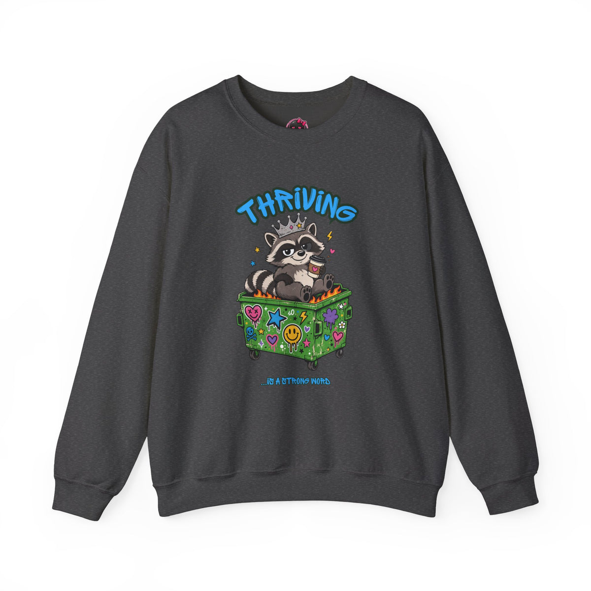 Thriving Raccoon Crewneck Sweatshirt — "Thriving" Cute Raccoon in Colorful Box Graphic