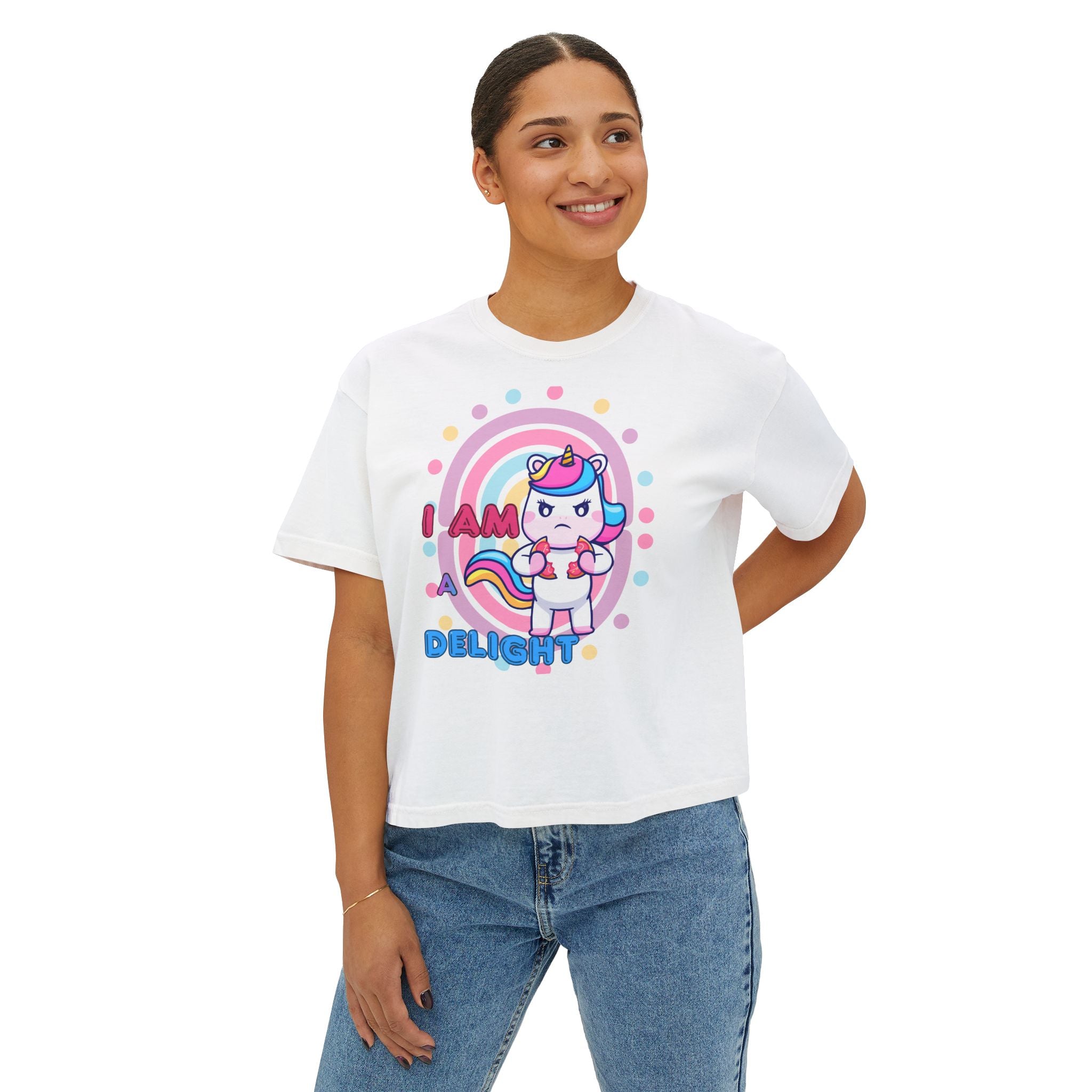 I Am Delight Unicorn Boxy Tee — Cute Rainbow Graphic Women’s Shirt
