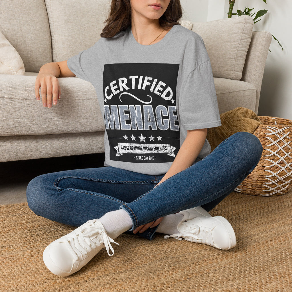 Certified Menace T-Shirt White Writing Black Background – Funny Retro Badge Graphic Tee