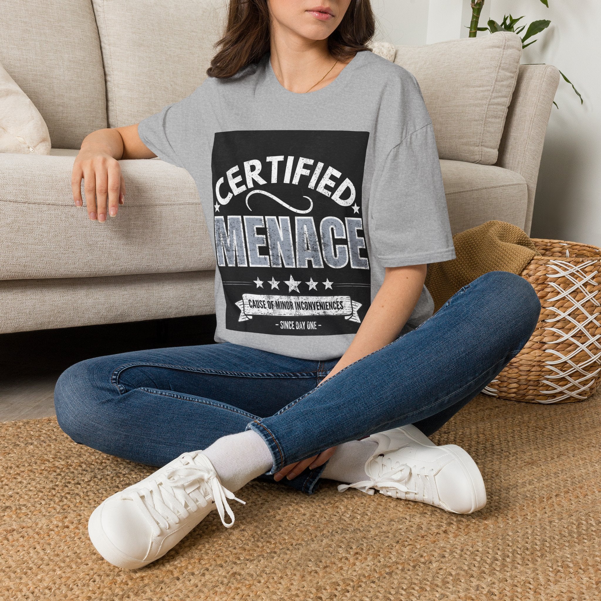 Certified Menace T-Shirt White Writing Black Background – Funny Retro Badge Graphic Tee