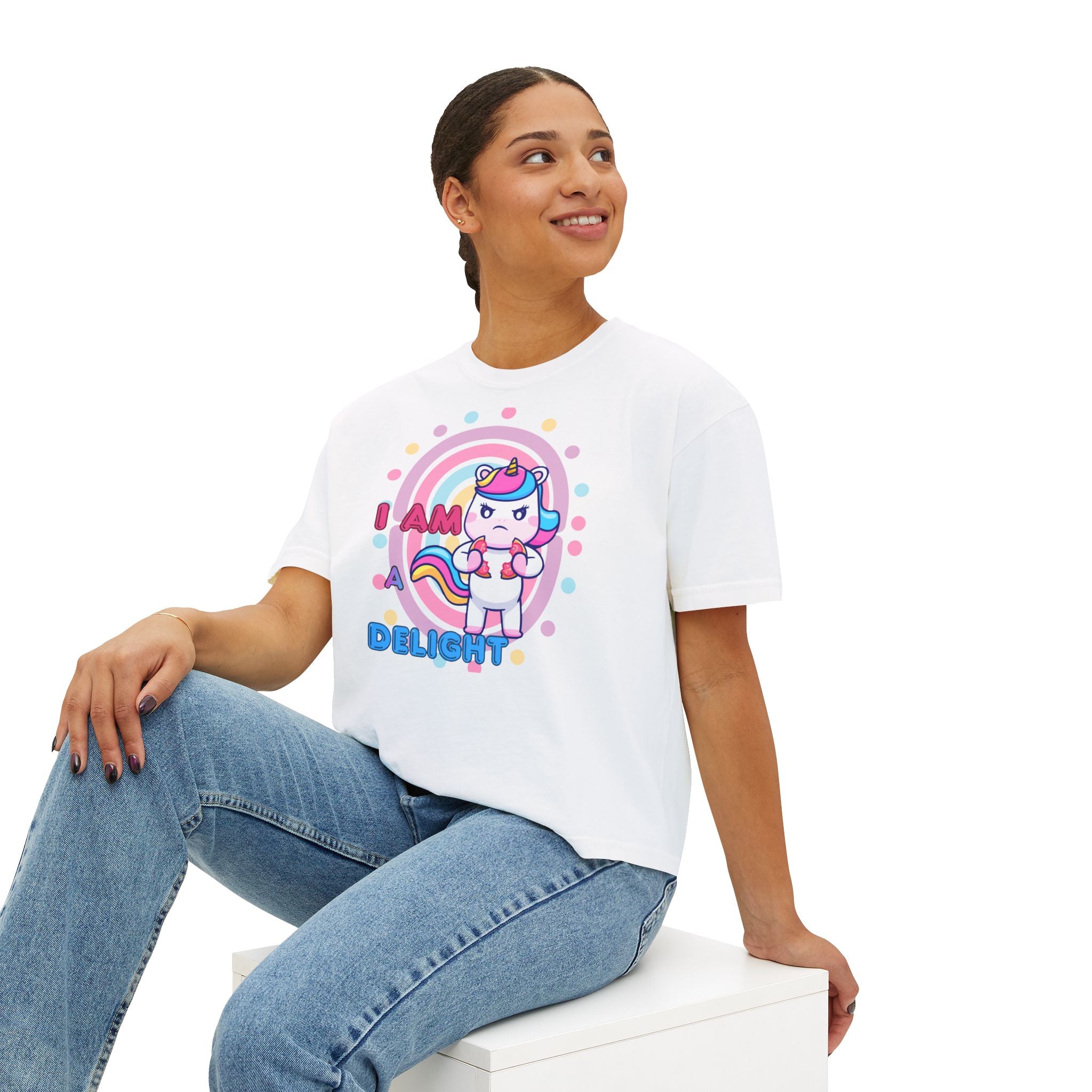 I Am Delight Unicorn Boxy Tee — Cute Rainbow Graphic Women’s Shirt