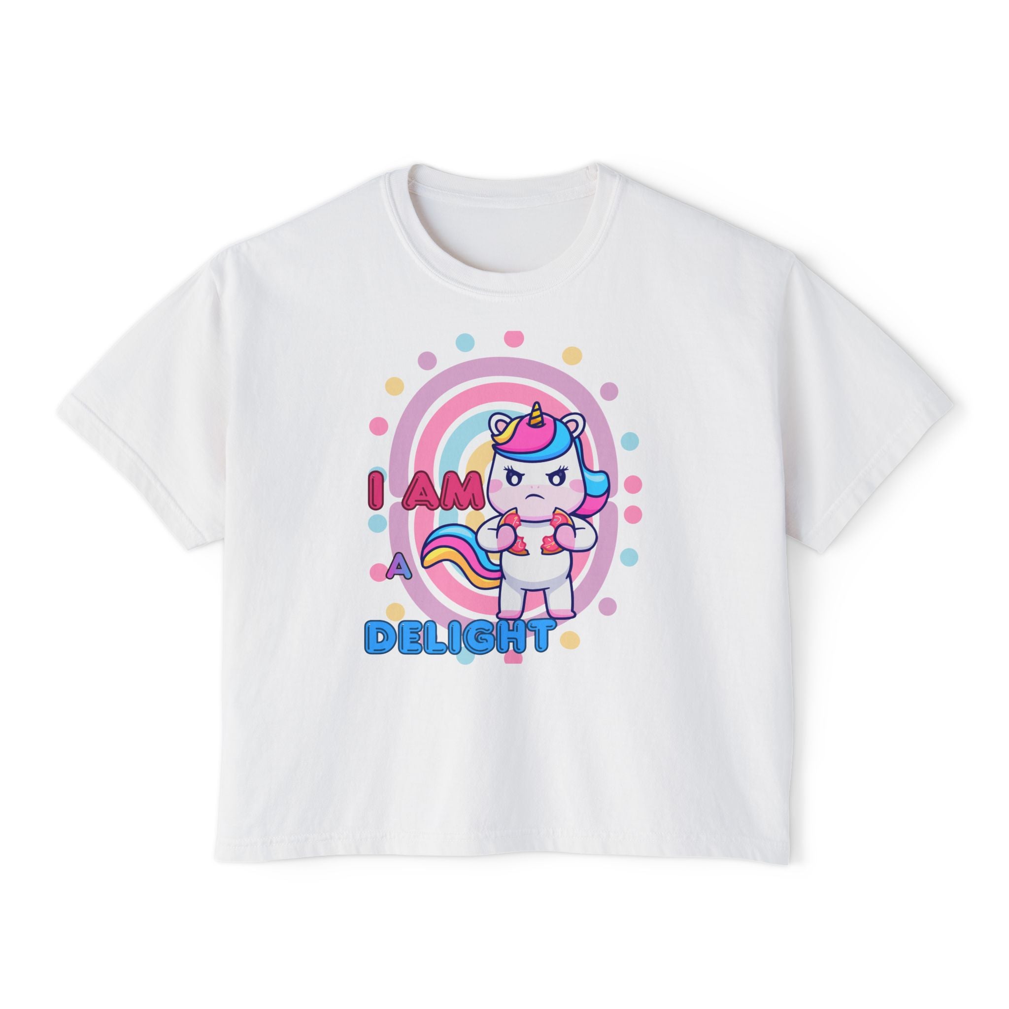 I Am Delight Unicorn Boxy Tee — Cute Rainbow Graphic Women’s Shirt