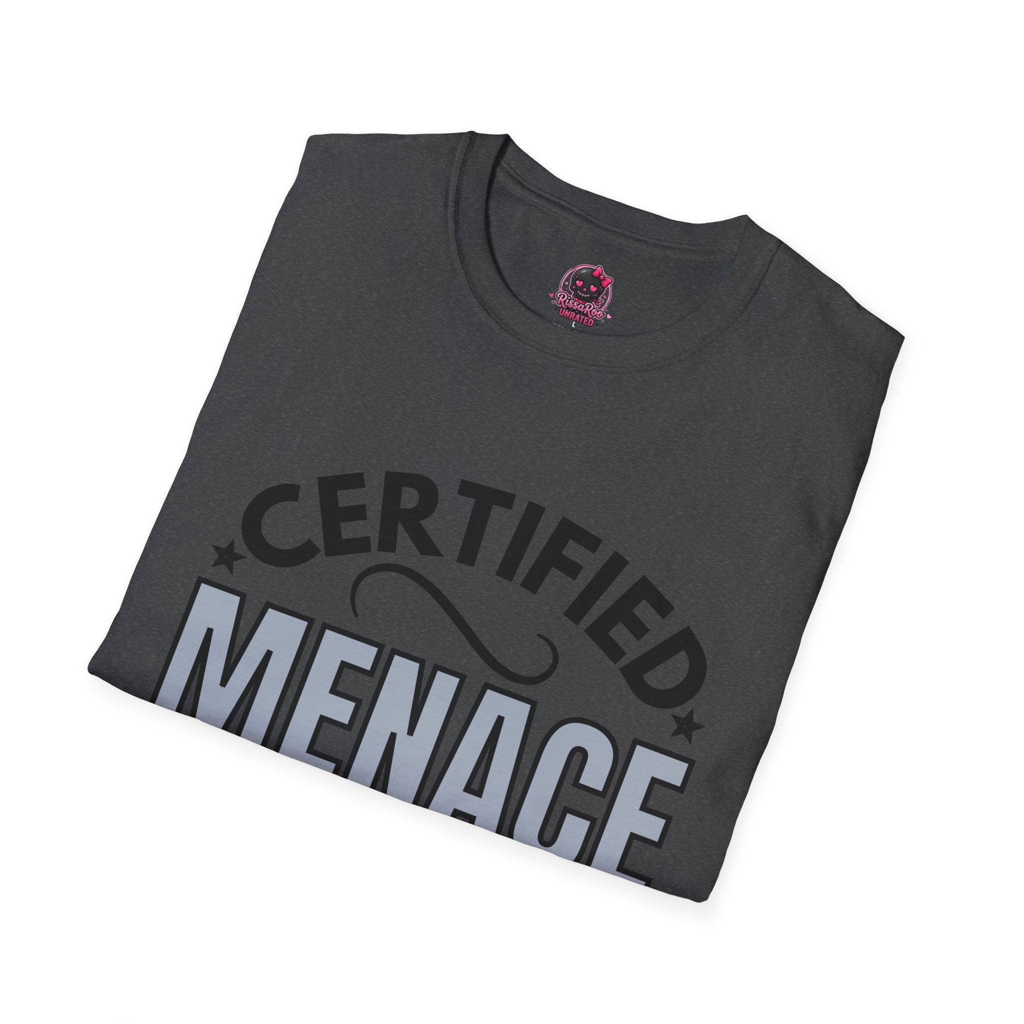 Certified Menace T-Shirt Black Writing — Funny Retro Badge Tee for Sarcastic Teens & Friends