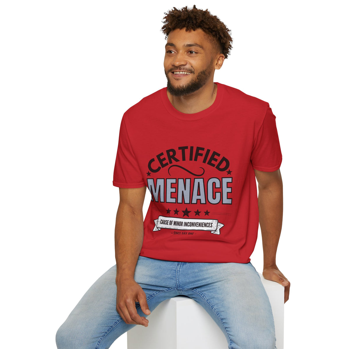 Certified Menace T-Shirt Black Writing — Funny Retro Badge Tee for Sarcastic Teens & Friends
