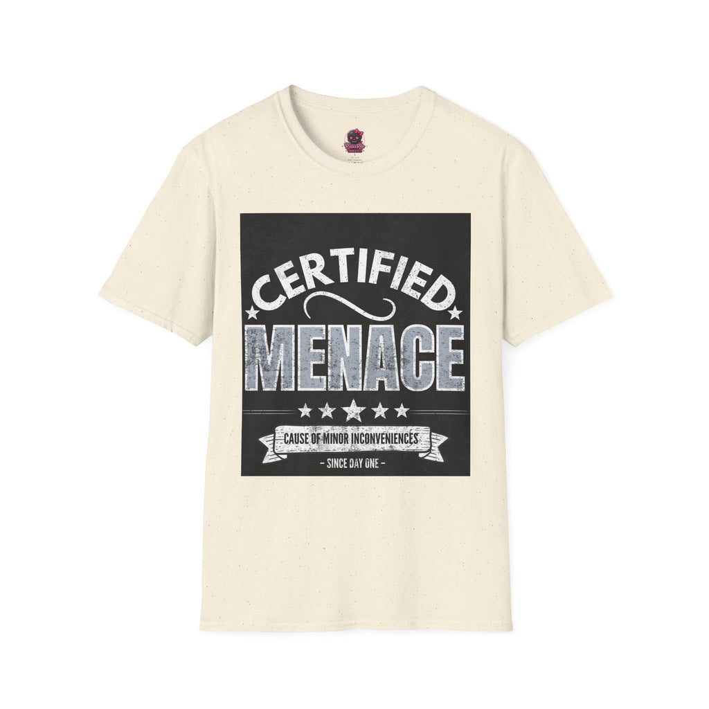 Certified Menace T-Shirt White Writing Black Background – Funny Retro Badge Graphic Tee