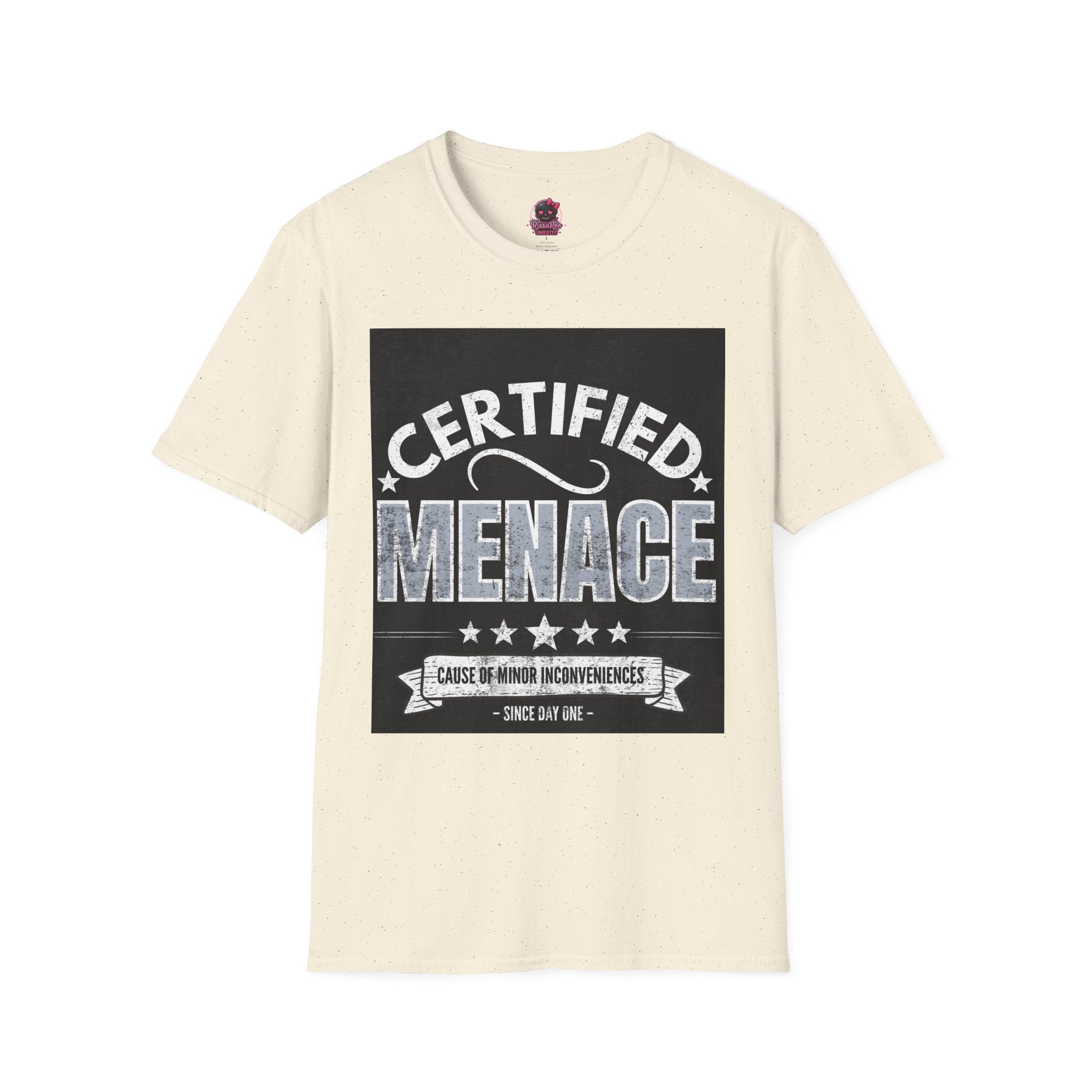 Certified Menace T-Shirt White Writing Black Background – Funny Retro Badge Graphic Tee