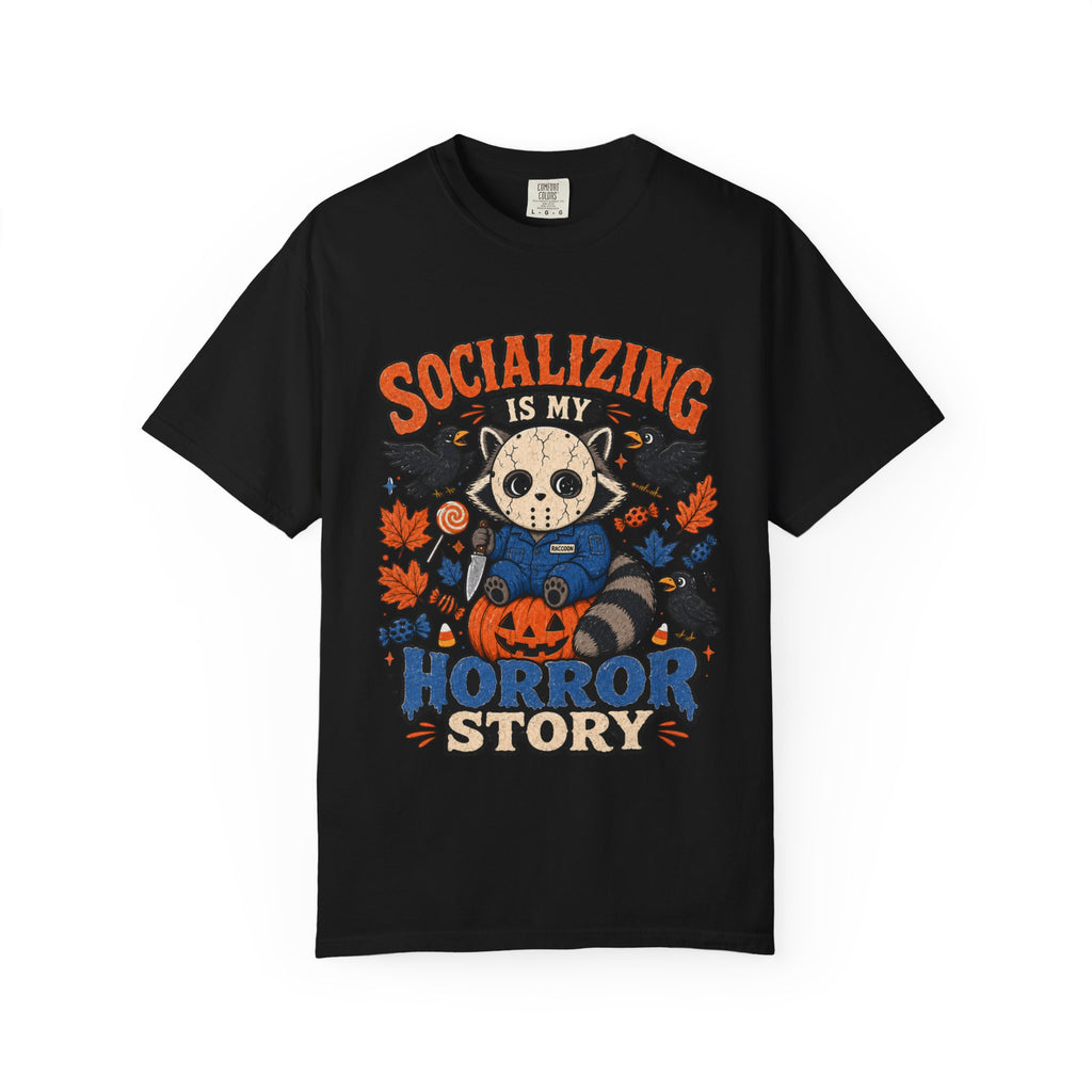 Halloween Tee "Socializing Is My Horror Story" Jason Raccoon