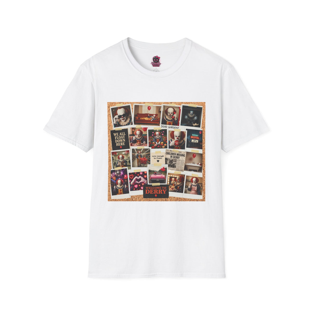 Horror Movie Clown Collage T‑Shirt — 'We All Float Down Here' Vintage Poster Tee
