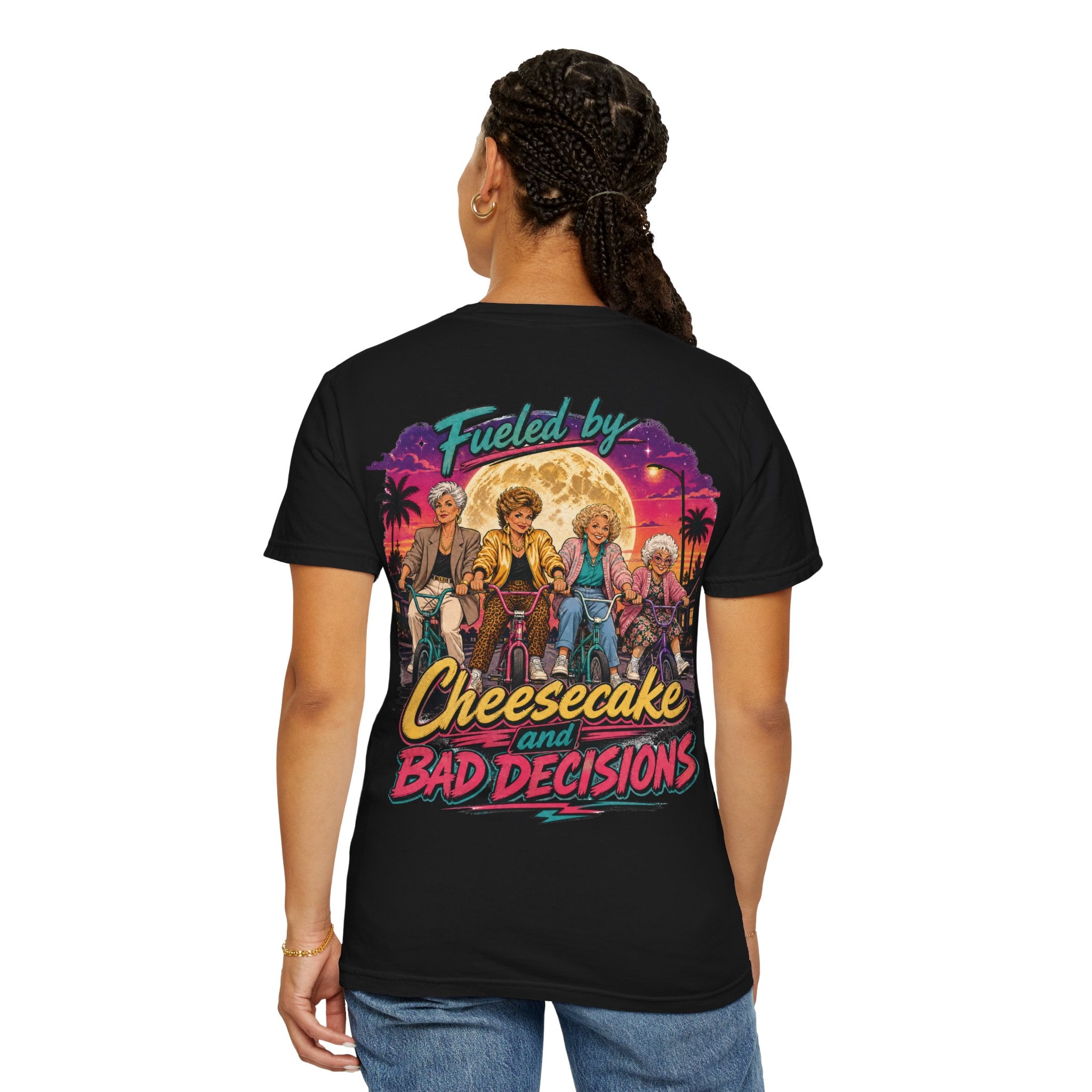"Fueled By Cheesecake and Bad Decisions" 80s Style Graphic Unisex T-shirt