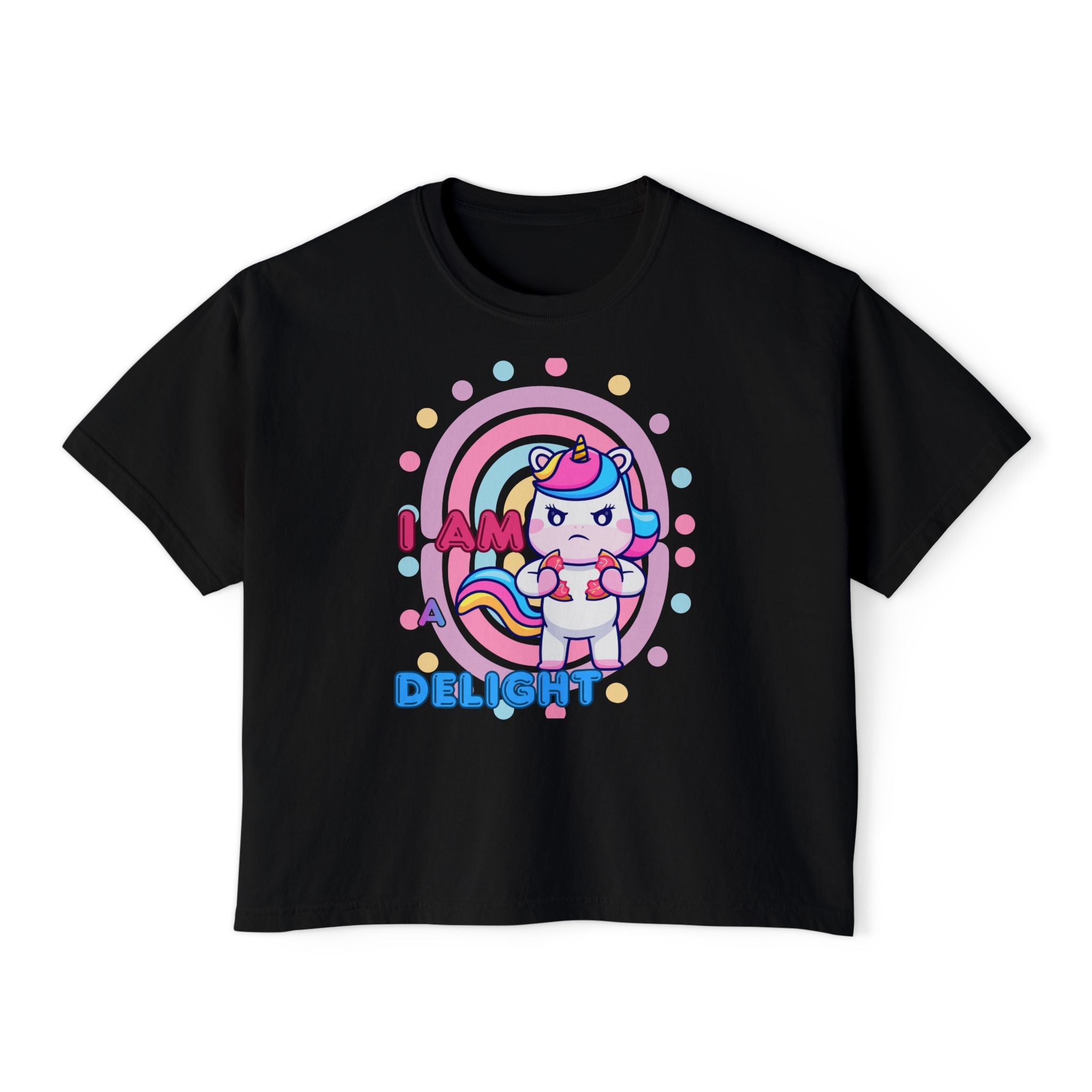 I Am Delight Unicorn Boxy Tee — Cute Rainbow Graphic Women’s Shirt