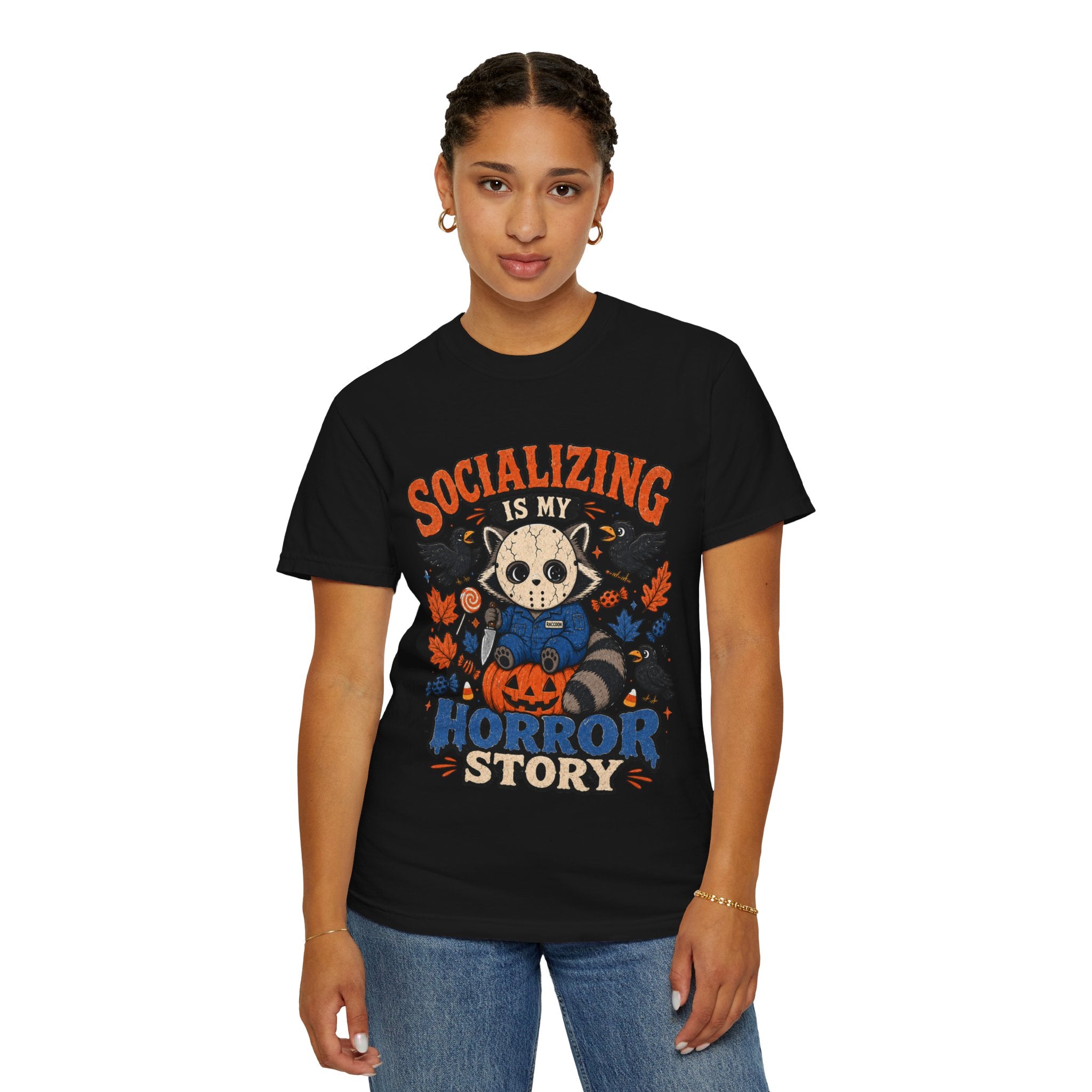 Halloween Tee "Socializing Is My Horror Story" Jason Raccoon