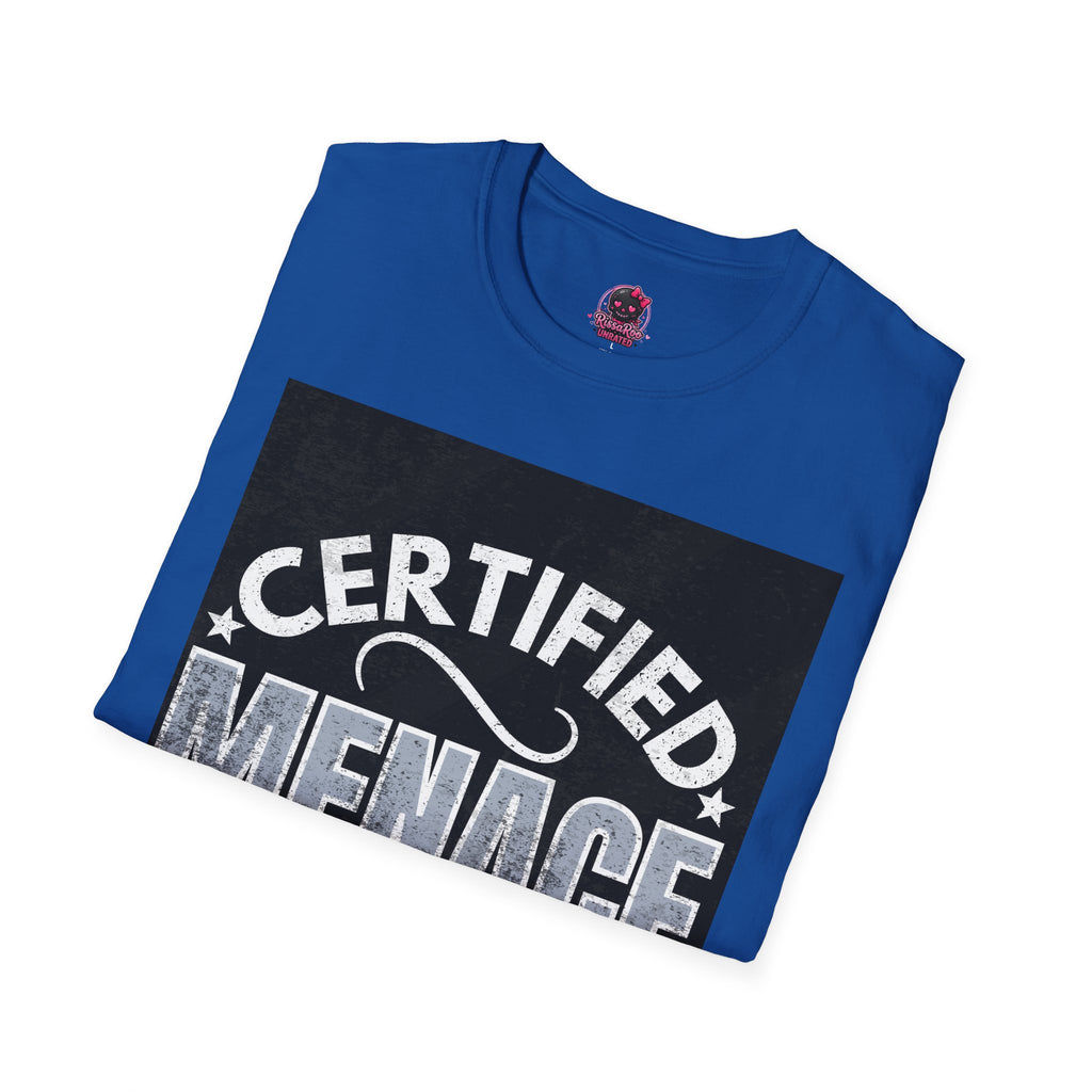 Certified Menace T-Shirt White Writing Black Background – Funny Retro Badge Graphic Tee