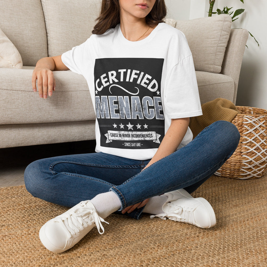 Certified Menace T-Shirt White Writing Black Background – Funny Retro Badge Graphic Tee