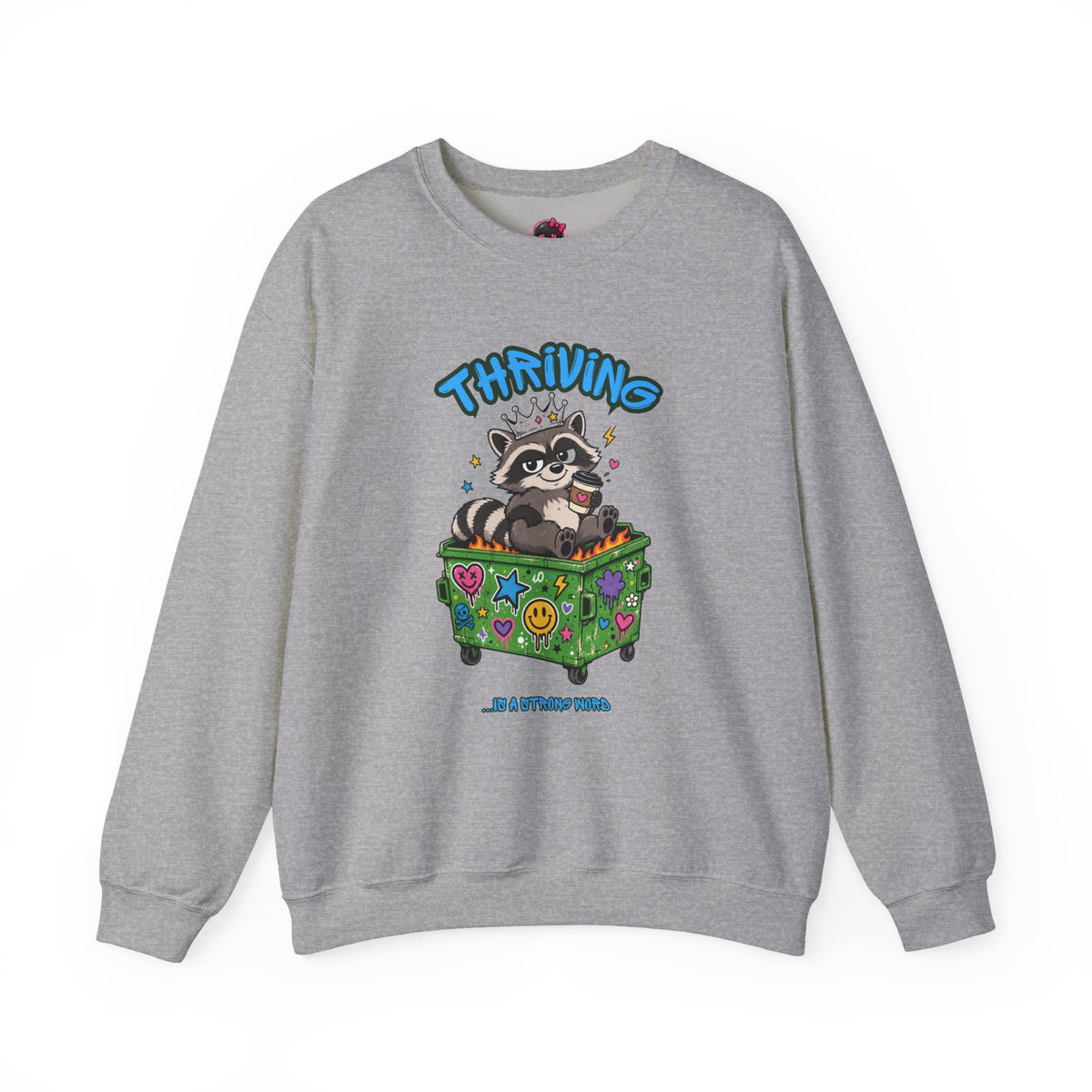 Thriving Raccoon Crewneck Sweatshirt — "Thriving" Cute Raccoon in Colorful Box Graphic