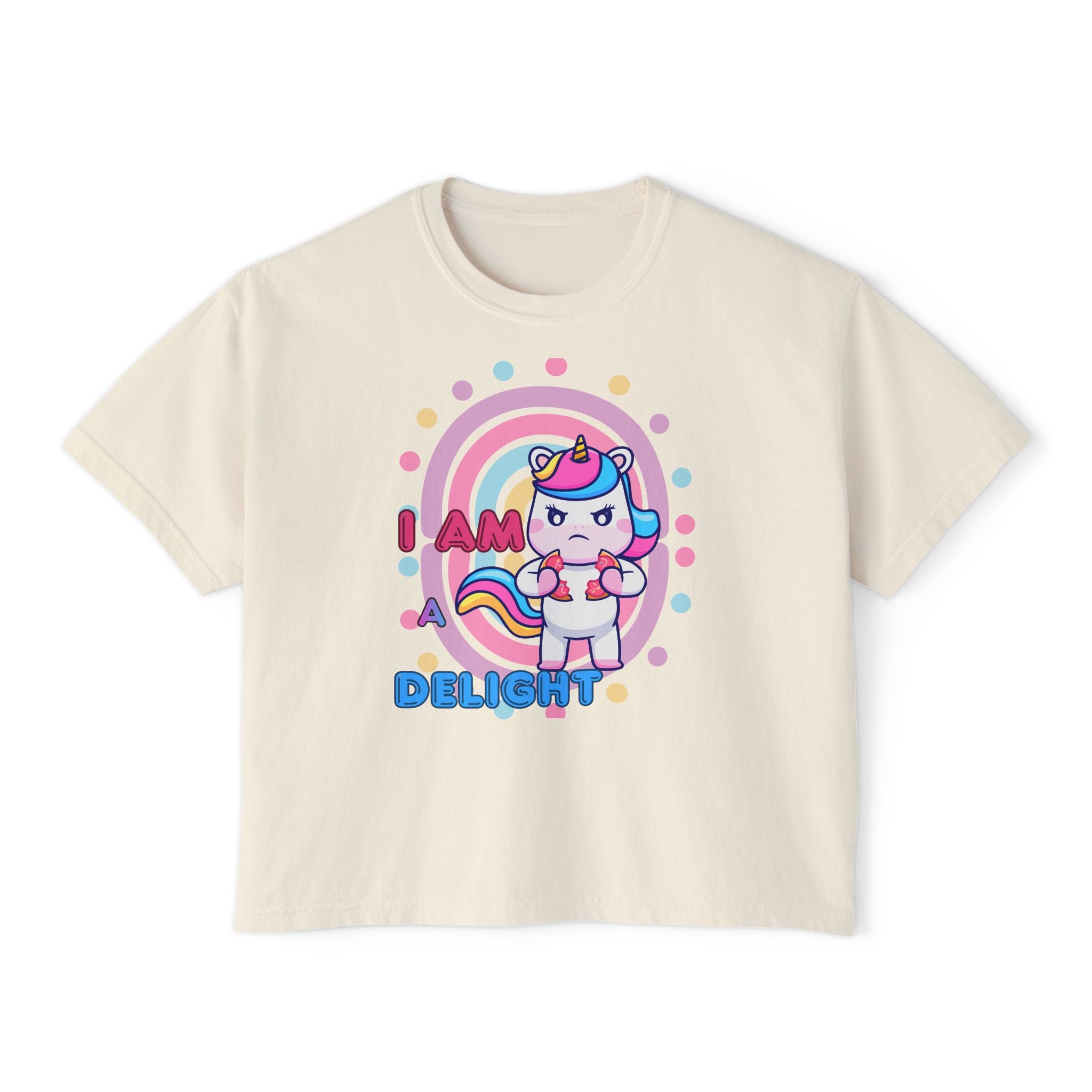 I Am Delight Unicorn Boxy Tee — Cute Rainbow Graphic Women’s Shirt