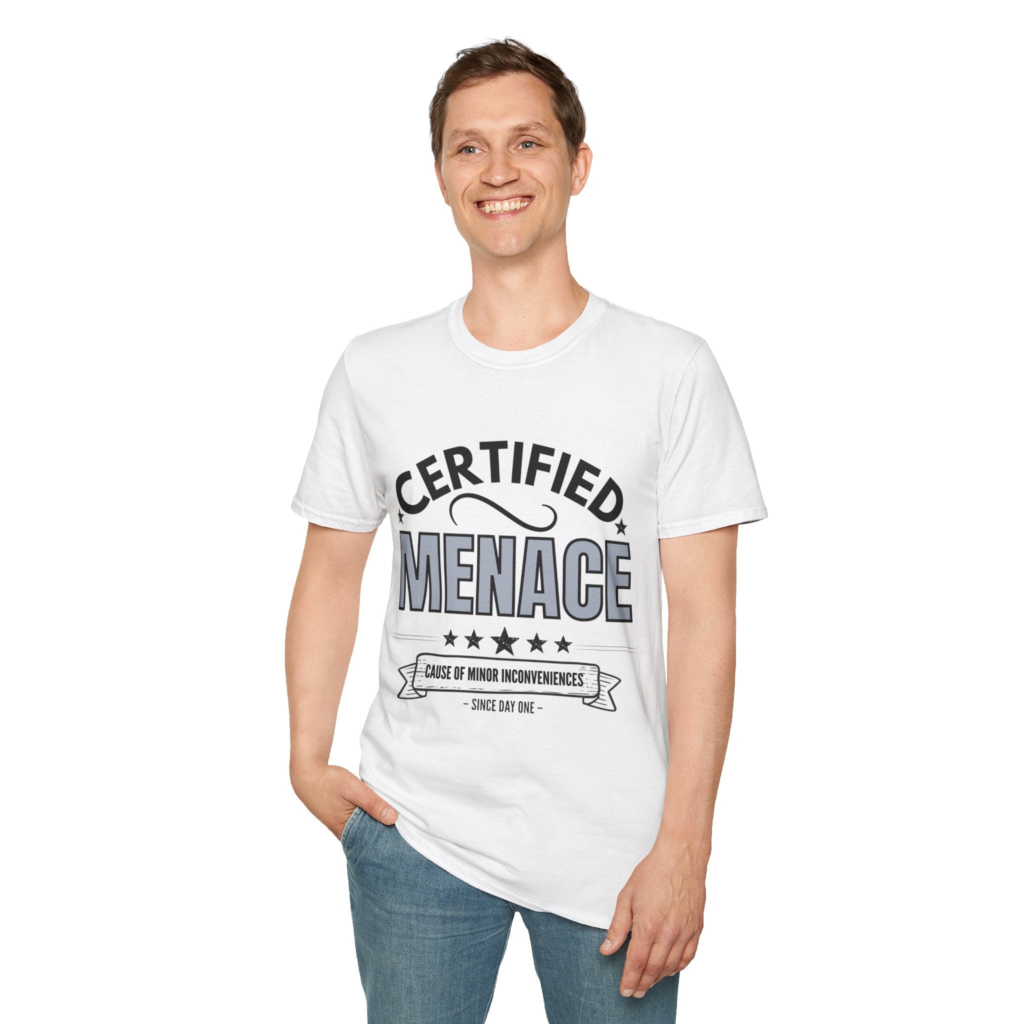Certified Menace T-Shirt Black Writing — Funny Retro Badge Tee for Sarcastic Teens & Friends