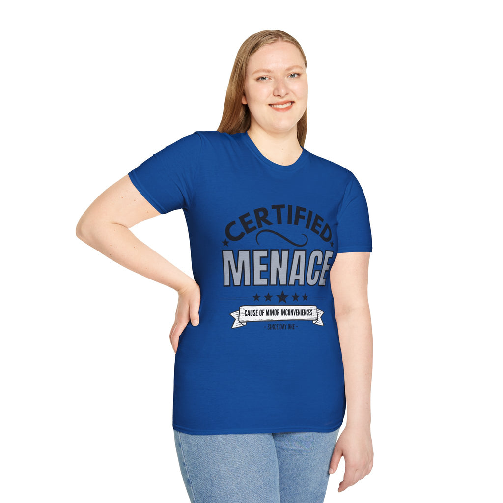 Certified Menace T-Shirt Black Writing — Funny Retro Badge Tee for Sarcastic Teens & Friends