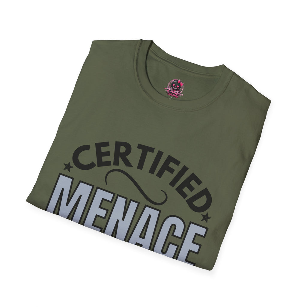 Certified Menace T-Shirt Black Writing — Funny Retro Badge Tee for Sarcastic Teens & Friends