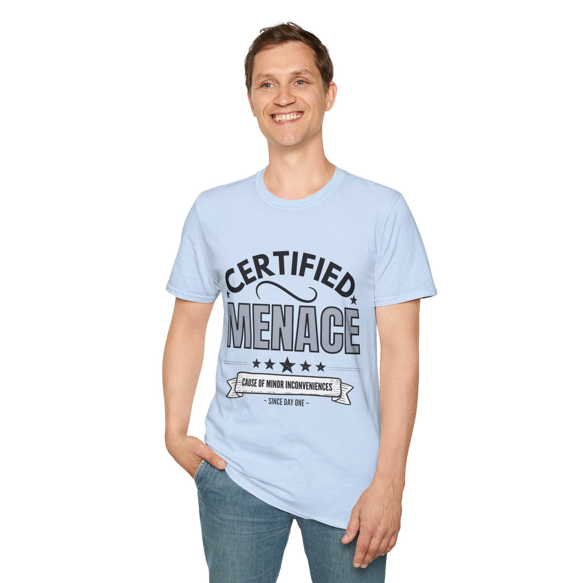 Certified Menace T-Shirt Black Writing — Funny Retro Badge Tee for Sarcastic Teens & Friends