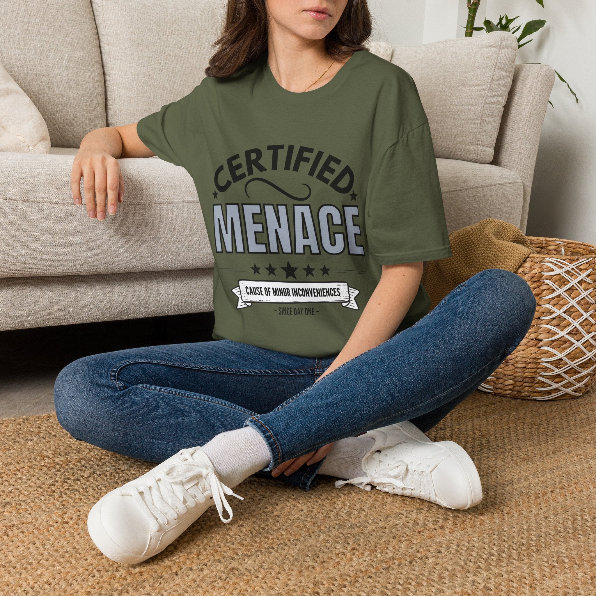 Certified Menace T-Shirt Black Writing — Funny Retro Badge Tee for Sarcastic Teens & Friends