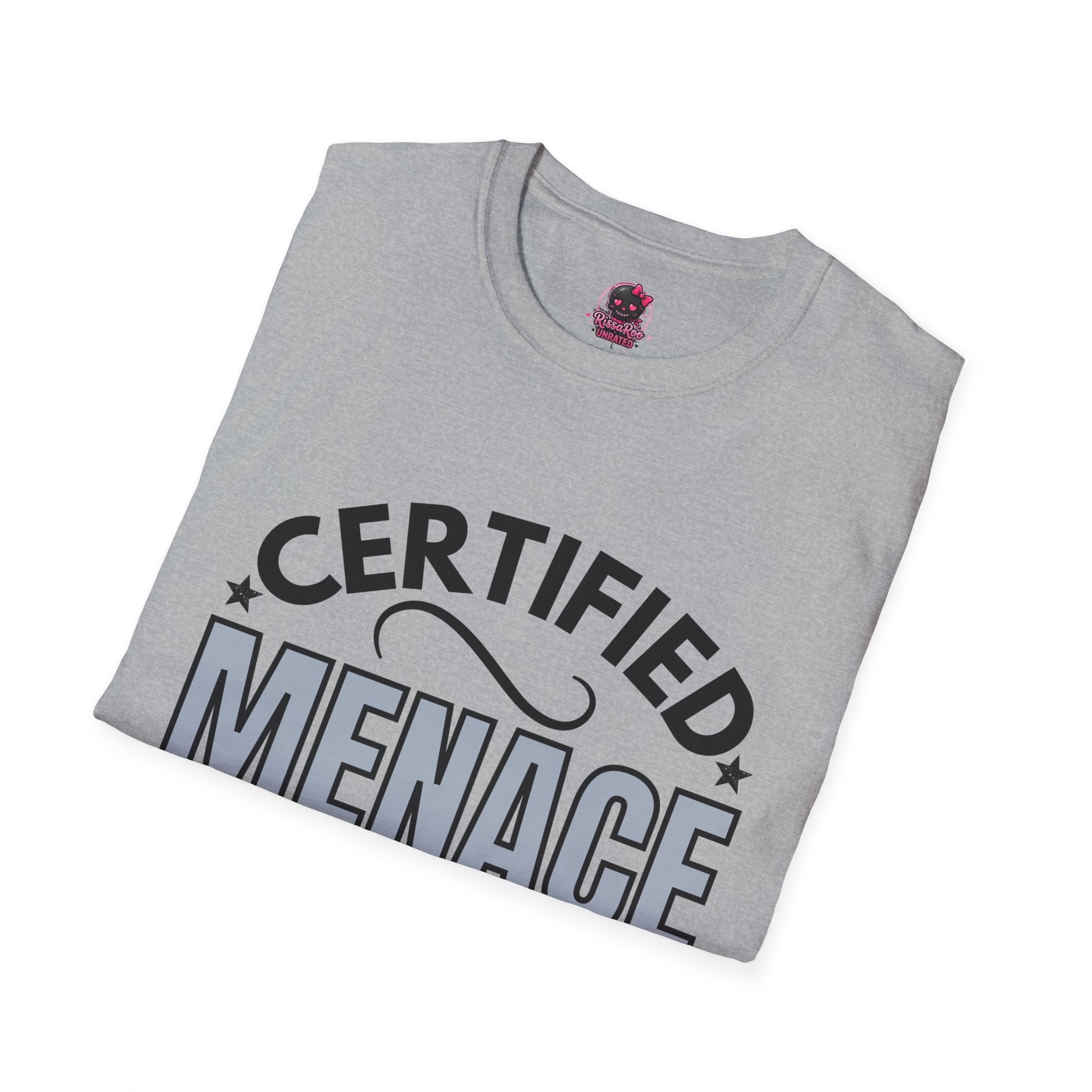 Certified Menace T-Shirt Black Writing — Funny Retro Badge Tee for Sarcastic Teens & Friends