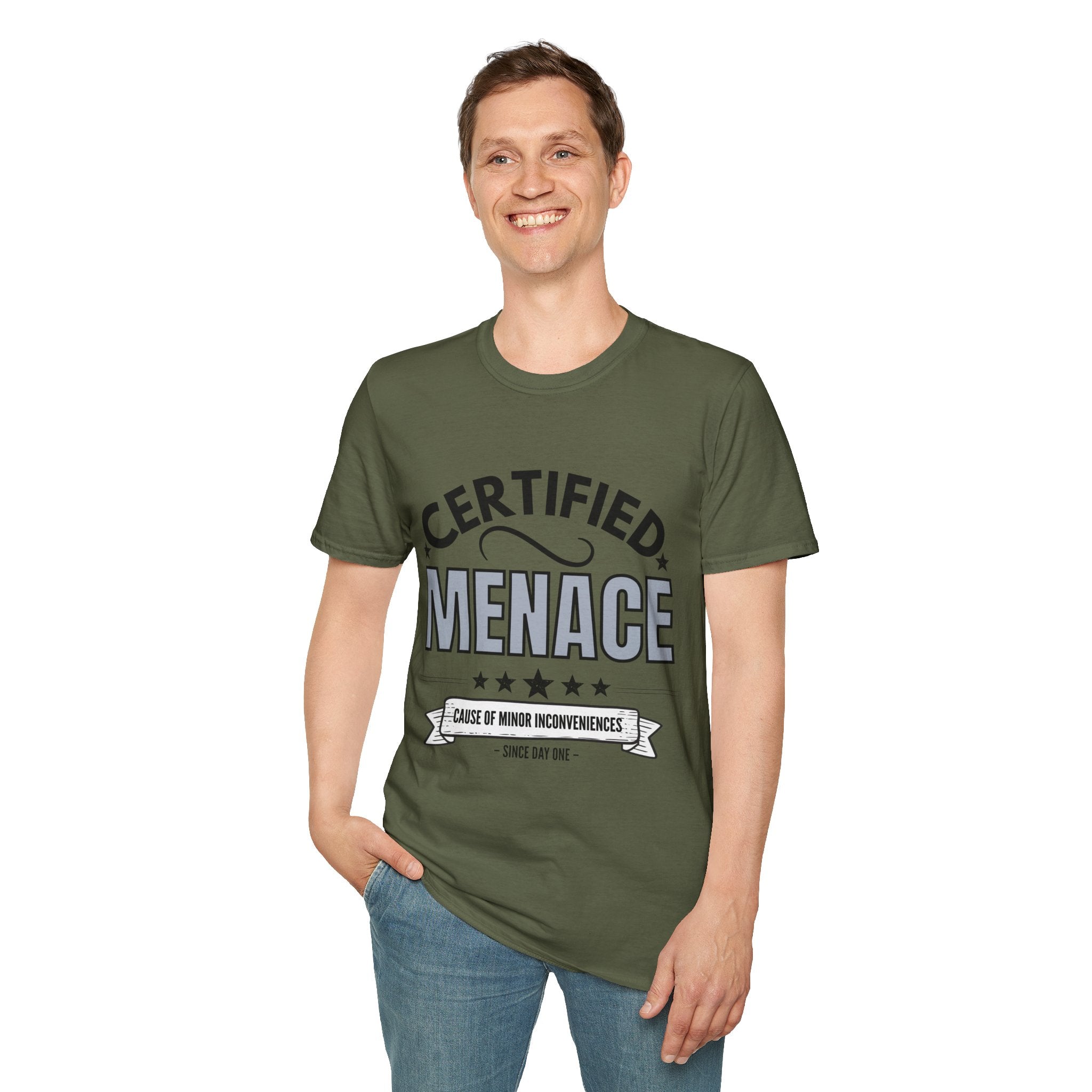 Certified Menace T-Shirt Black Writing — Funny Retro Badge Tee for Sarcastic Teens & Friends