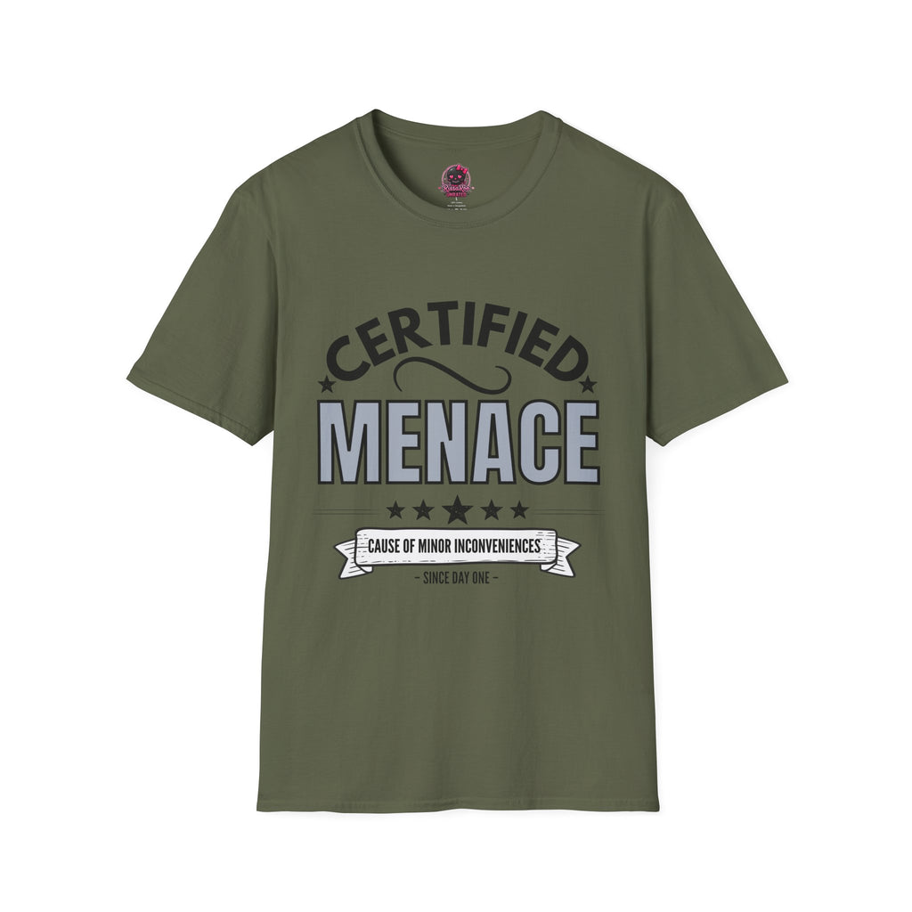 Certified Menace T-Shirt Black Writing — Funny Retro Badge Tee for Sarcastic Teens & Friends