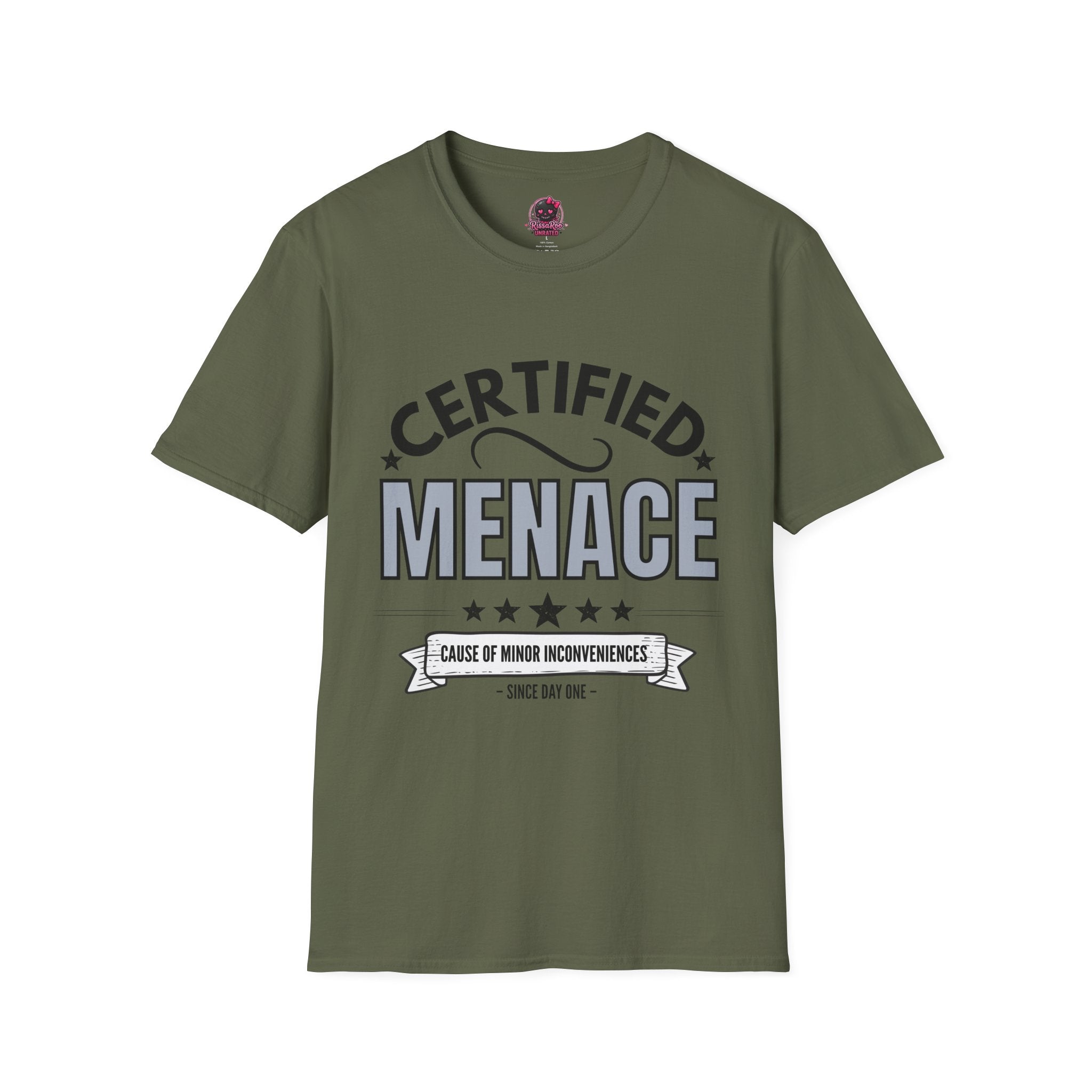 Certified Menace T-Shirt Black Writing — Funny Retro Badge Tee for Sarcastic Teens & Friends