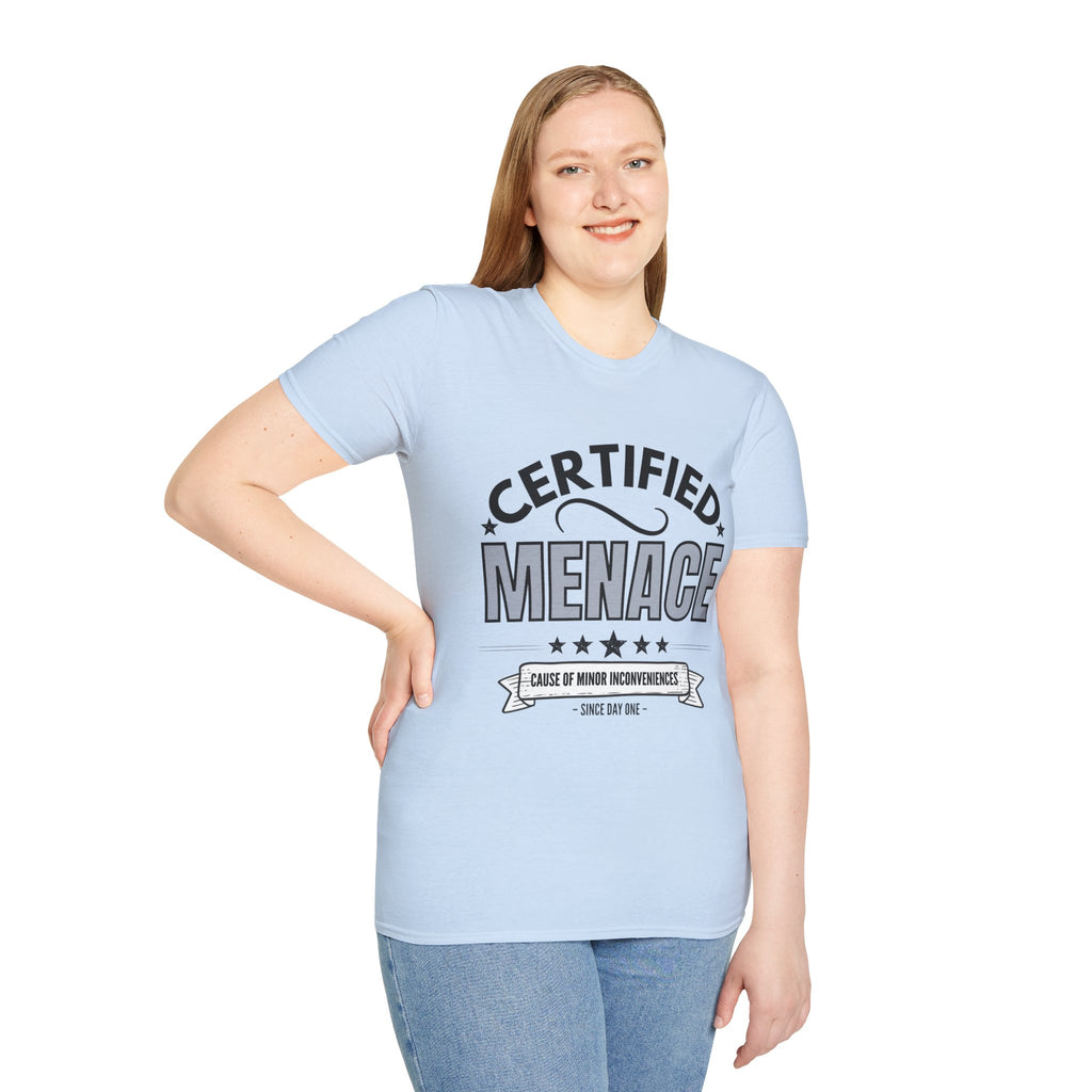 Certified Menace T-Shirt Black Writing — Funny Retro Badge Tee for Sarcastic Teens & Friends