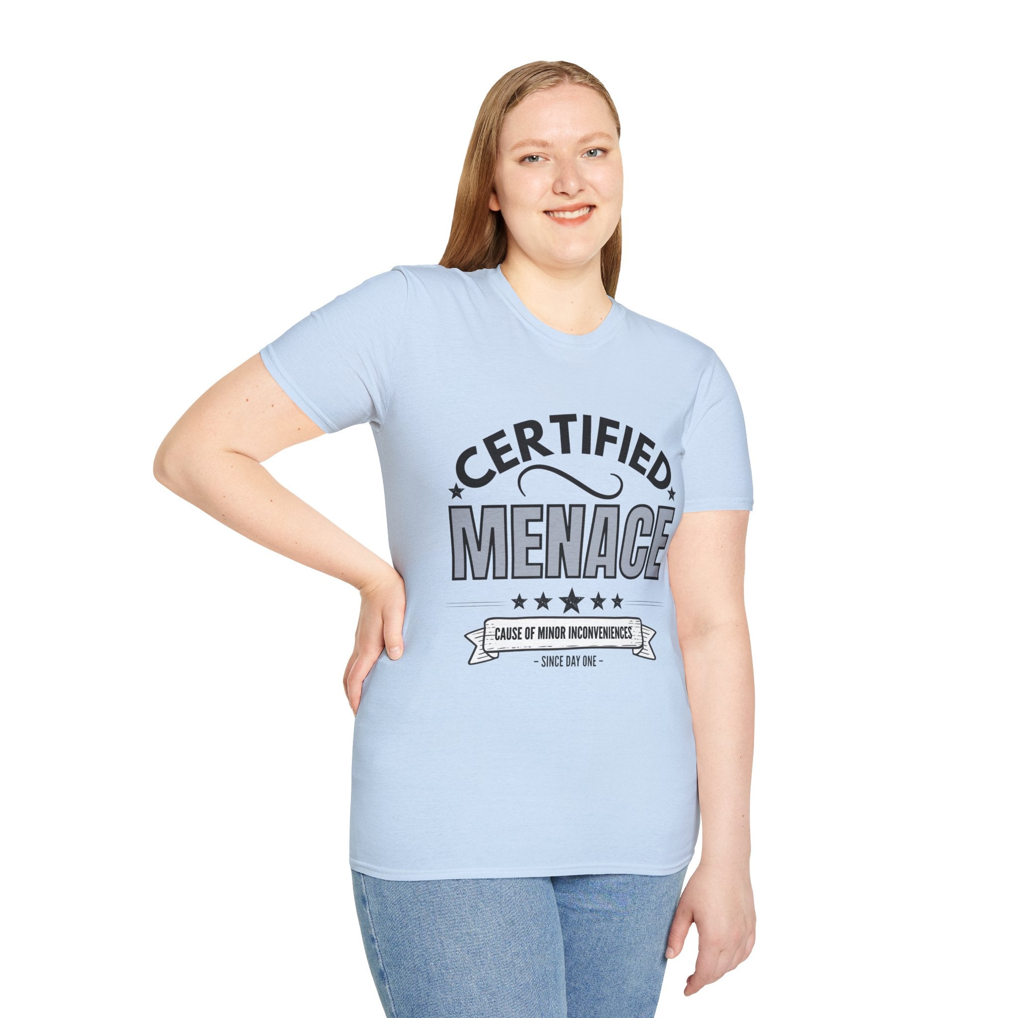 Certified Menace T-Shirt Black Writing — Funny Retro Badge Tee for Sarcastic Teens & Friends