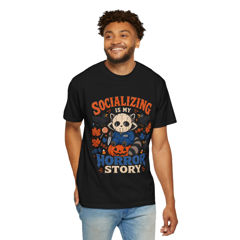 Halloween Tee "Socializing Is My Horror Story" Jason Raccoon