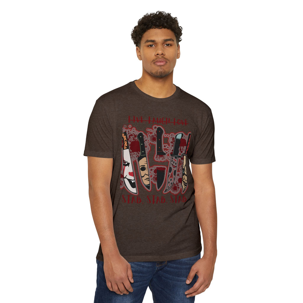 T‑Shirt — 'Live, Laugh, Love' Crossed Out with 'Stab, Stab, Stab' Graphic