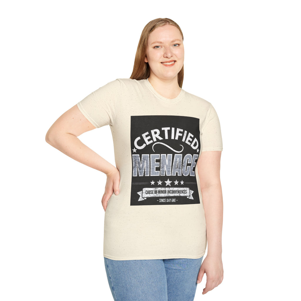 Certified Menace T-Shirt White Writing Black Background – Funny Retro Badge Graphic Tee