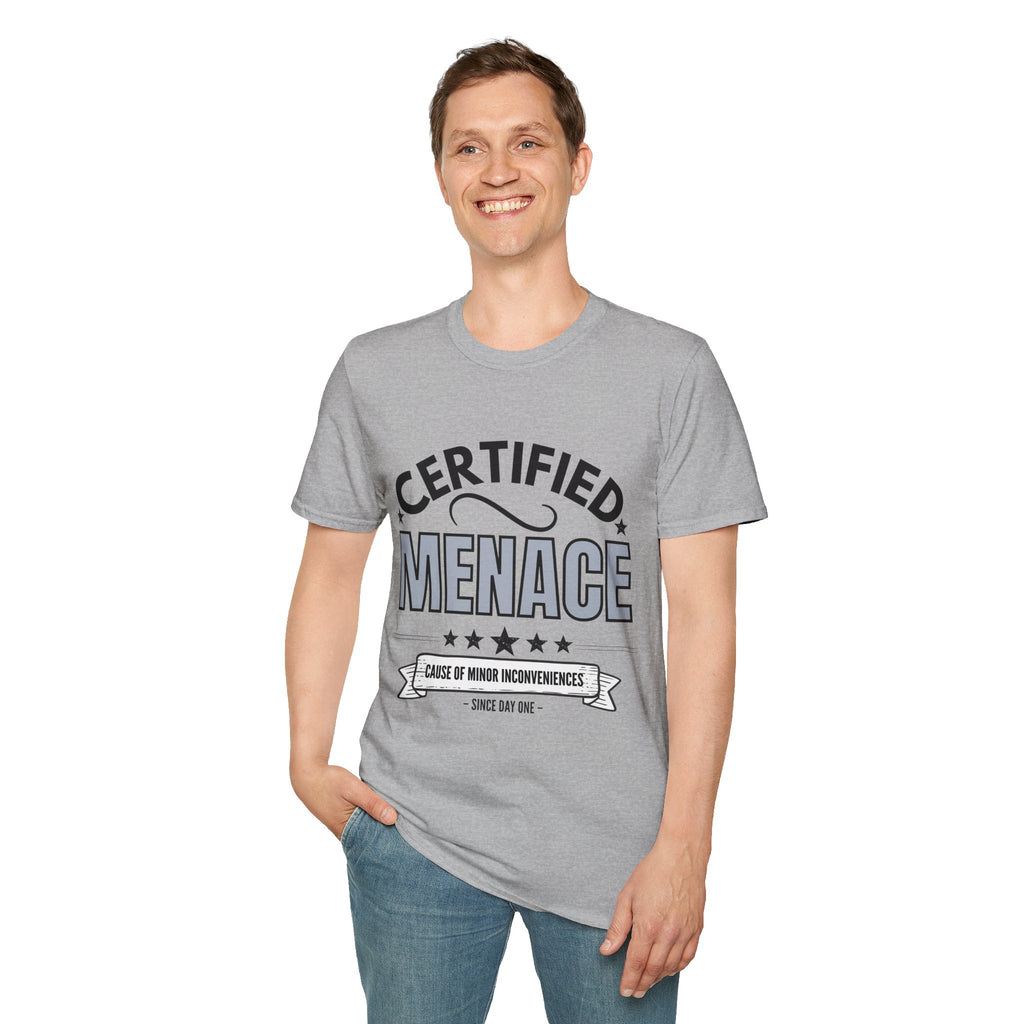 Certified Menace T-Shirt Black Writing — Funny Retro Badge Tee for Sarcastic Teens & Friends