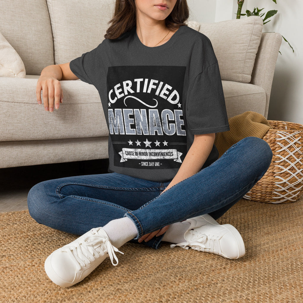 Certified Menace T-Shirt White Writing Black Background – Funny Retro Badge Graphic Tee