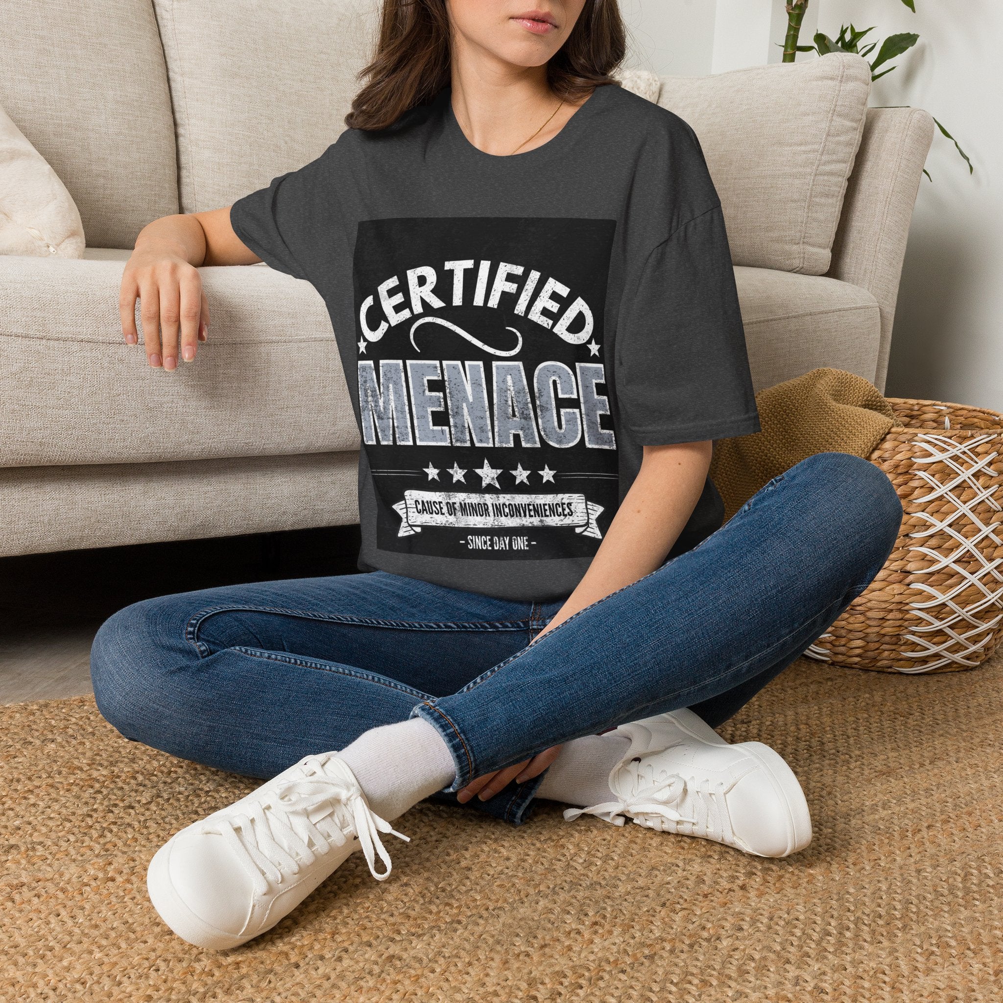 Certified Menace T-Shirt White Writing Black Background – Funny Retro Badge Graphic Tee