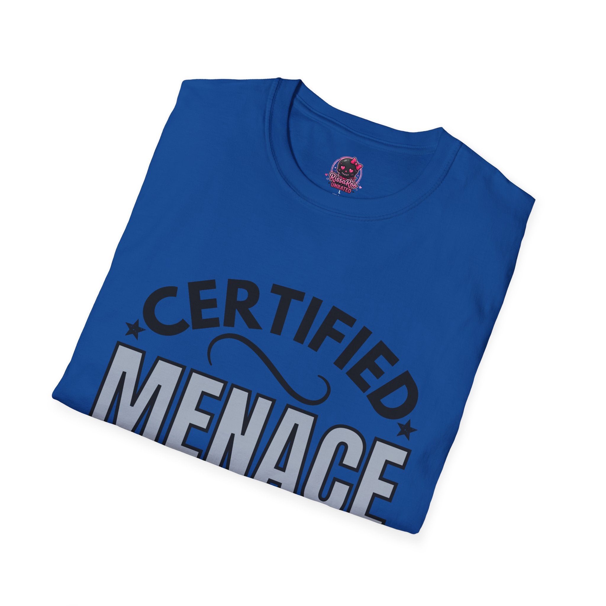 Certified Menace T-Shirt Black Writing — Funny Retro Badge Tee for Sarcastic Teens & Friends