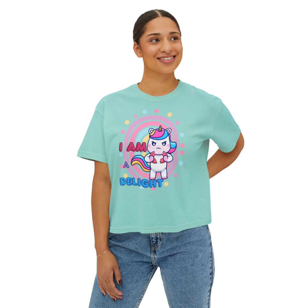 I Am Delight Unicorn Boxy Tee — Cute Rainbow Graphic Women’s Shirt