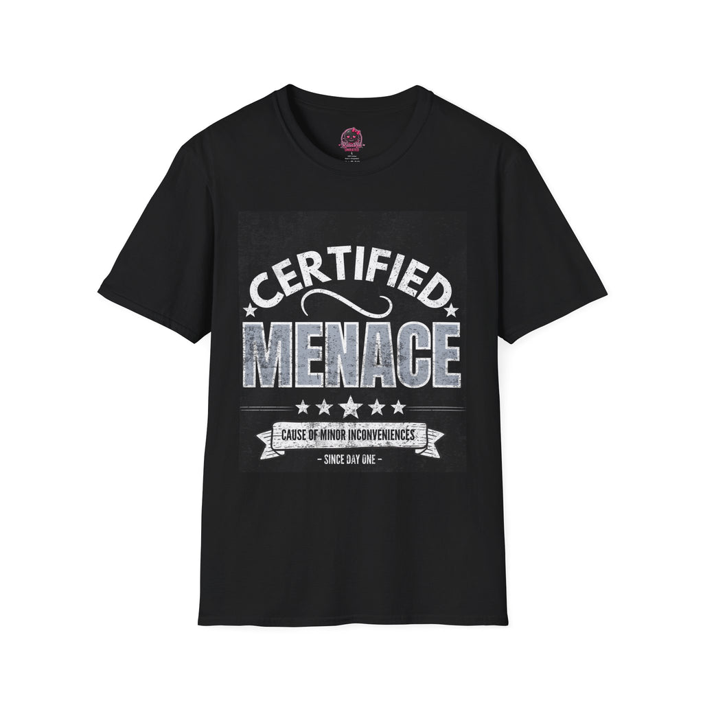 Certified Menace T-Shirt White Writing Black Background – Funny Retro Badge Graphic Tee