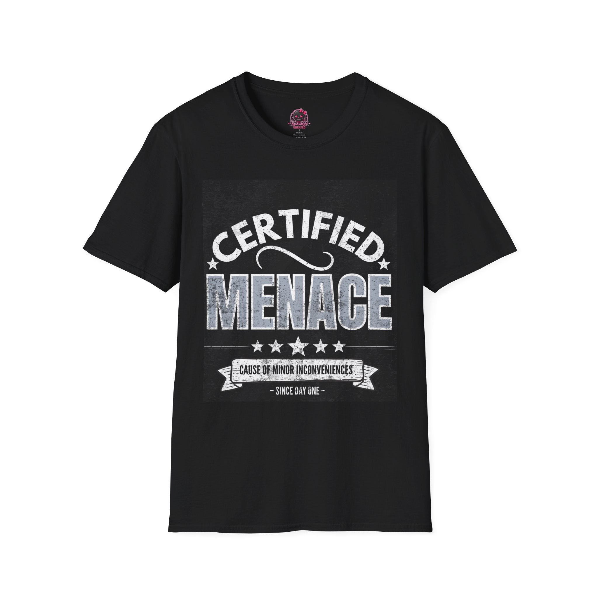 Certified Menace T-Shirt White Writing Black Background – Funny Retro Badge Graphic Tee