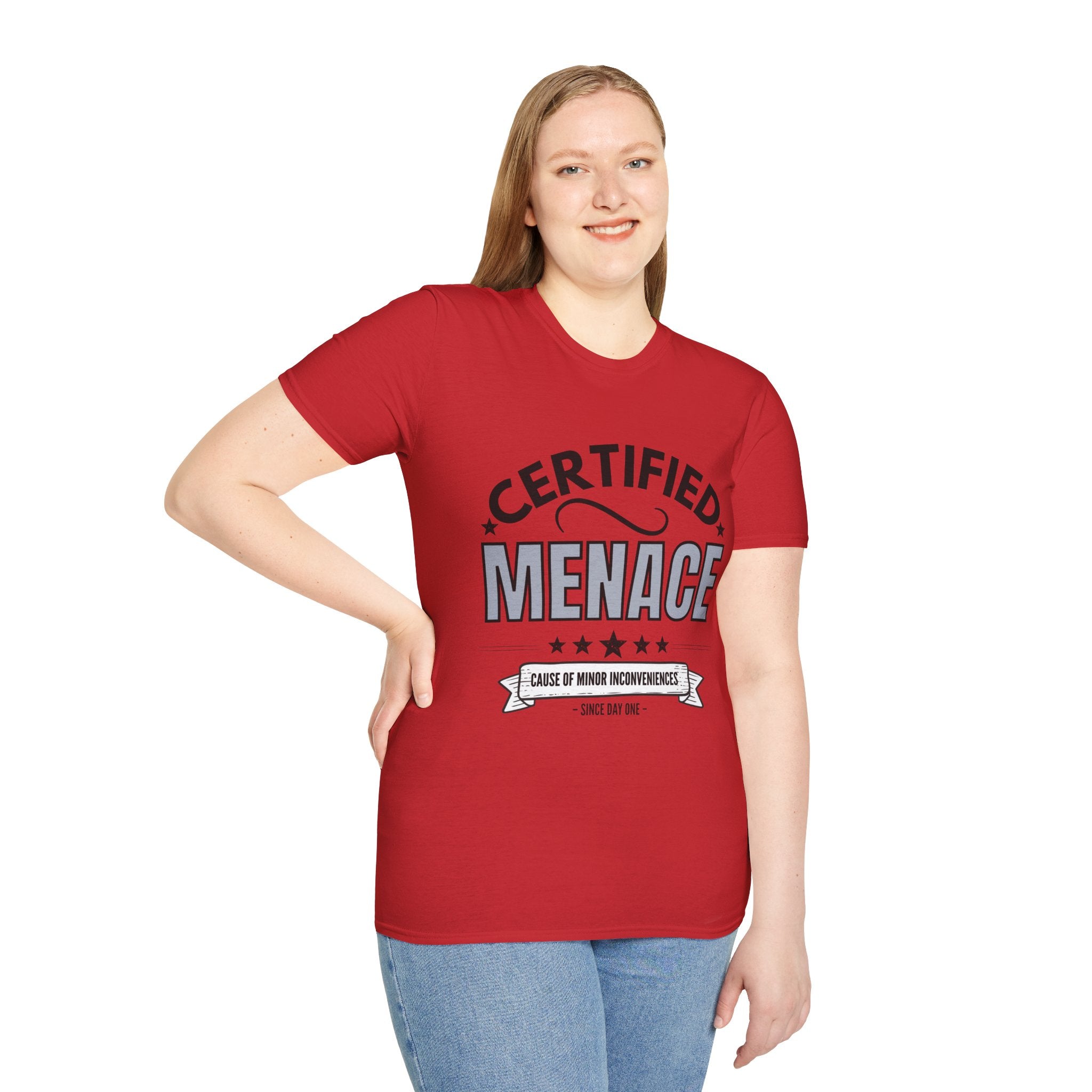Certified Menace T-Shirt Black Writing — Funny Retro Badge Tee for Sarcastic Teens & Friends