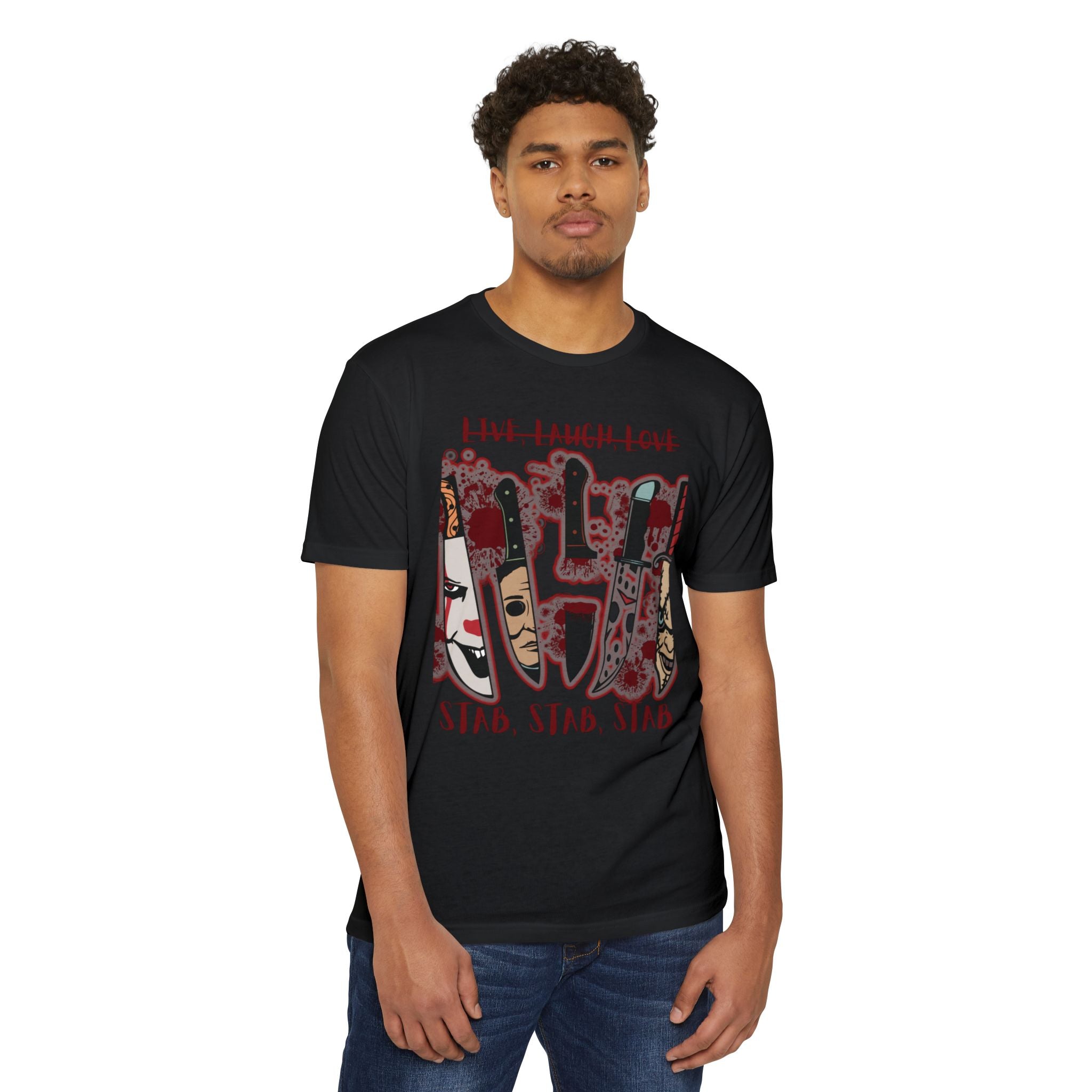 T‑Shirt — 'Live, Laugh, Love' Crossed Out with 'Stab, Stab, Stab' Graphic